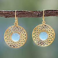 Gold vermeil dangle earrings, 'Jaipur Suns' - Gold Vermeil Blue Chalcedony Earrings