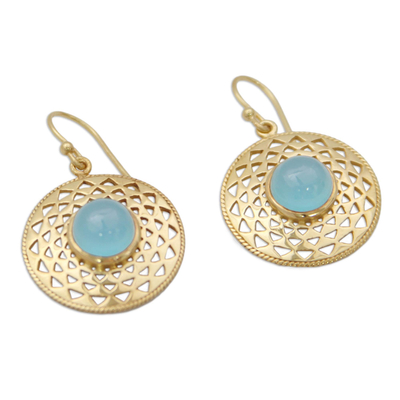 Gold vermeil dangle earrings, 'Jaipur Suns' - Gold Vermeil Blue Chalcedony Earrings