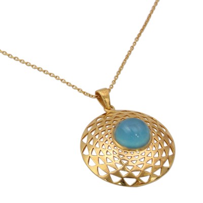 Gold vermeil pendant necklace, 'Jaipur Sun' - Fair Trade Vermeil and Chalcedony Necklace from India