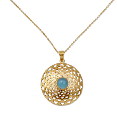 Gold vermeil pendant necklace, 'Jaipur Sun' - Fair Trade Vermeil and Chalcedony Necklace from India