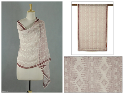 Silk shawl, 'Pune Feast' - Pale Pink Maroon Hand Block Print 100% Silk Shawl India