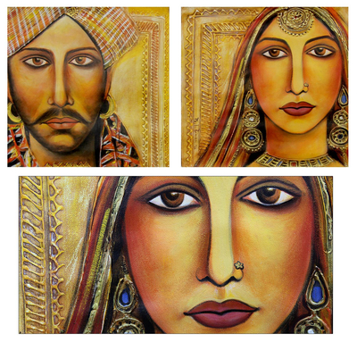'Rajasthani Bride and Groom' (diptych) - Original Diptych Paintings from India
