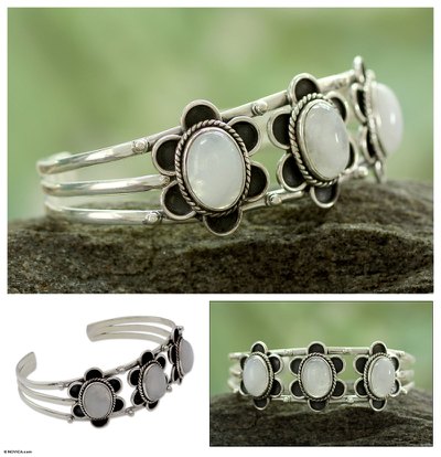 Moonstone flower bracelet, 'Rajasthan Bloom' - Handmade Floral Sterling Silver and Moonstone Cuff Bracelet