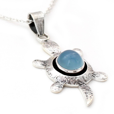 Chalcedony pendant necklace, 'Turtle Wisdom' - Chalcedony and Silver Pendant Necklace