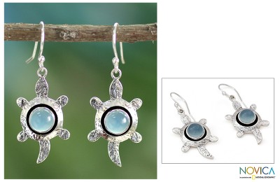 Chalcedony dangle earrings, 'Turtle Wisdom' - Handcrafted Chalcedony and Silver Dangle Earrings