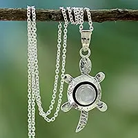 Moonstone pendant necklace, 'Turtle Wisdom' - Sterling Turtle with Moonstone Necklace