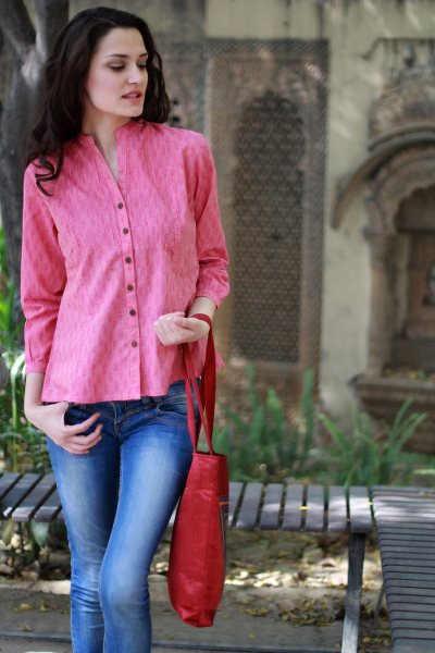 Cotton blouse, 'Rose of Mangalgiri' - Handcrafted Block Printed Cotton Patterned Blouse Top