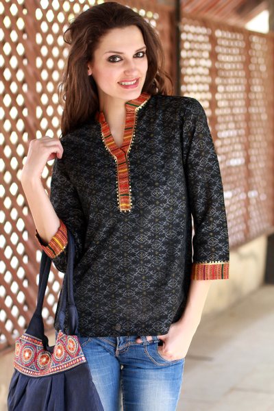 Cotton tunic, 'Waves of Orissa' - Cotton Tunic Blouse India Handwoven Ikat Embellished