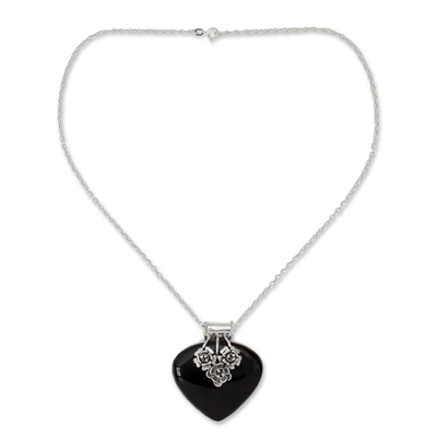 Onyx heart necklace, 'Love Declared' - Indian Onyx and Sterling Silver Necklace Heart Jewelry