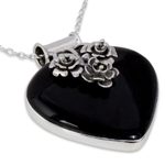 Onyx heart necklace, 'Love Declared' - Indian Onyx and Sterling Silver Necklace Heart Jewelry