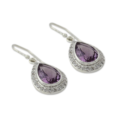 Amethyst dangle earrings, 'Mughal Mystique' - Amethyst and Sterling Silver Earrings from India Jewellery 