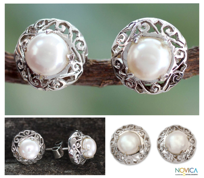 Cultured pearl button earrings, 'Royal Reminiscence' - Pearl Earrings in Sterling Silver Indian Jewelry Collection