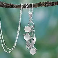 Moonstone and emerald pendant necklace, 'Royal Bouquet' - Moonstone and Silver Pendant Necklace