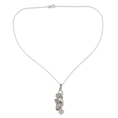 Moonstone and emerald pendant necklace, 'Royal Bouquet' - Moonstone and Silver Pendant Necklace