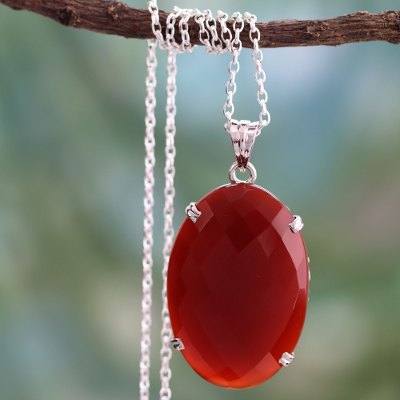 Onyx pendant necklace, 'Red Royalty' - Handcrafted Women's Sterling Silver and Onyx Necklace