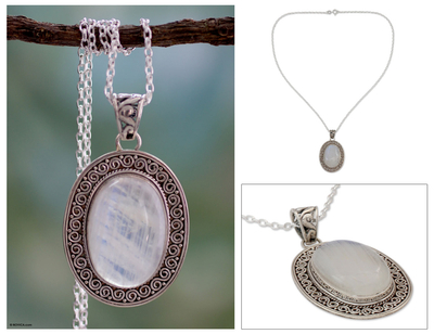Rainbow moonstone pendant necklace, 'Dancing Moonlight' - Artisan jewellery Moonstone and Sterling Silver Necklace