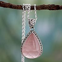 Rose quartz pendant necklace, 'Love Drop'