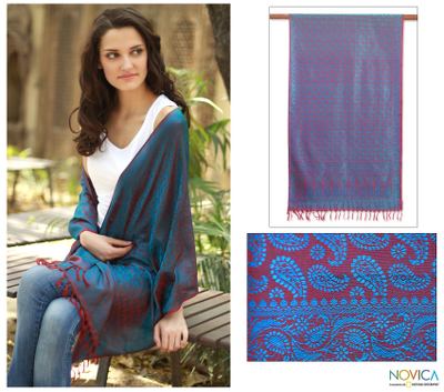 Varanasi silk shawl, 'Dawn Glow' - Artisan Crafted Paisley Shawl Varanasi Silk Wrap