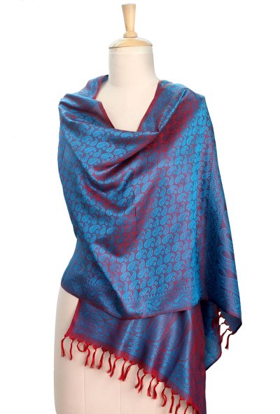 Varanasi silk shawl, 'Dawn Glow' - Artisan Crafted Paisley Shawl Varanasi Silk Wrap