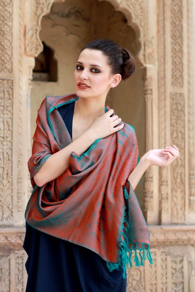 Varanasi silk shawl, 'Ginger Forest' - Handmade Varanasi Silk Shawl Turquoise Orange Wrap