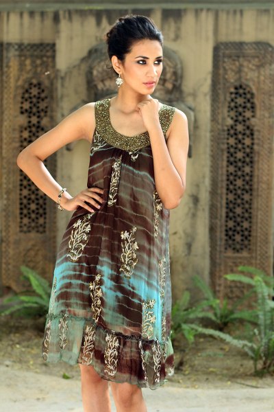 Beaded dress, 'Jaipuri Mystique' - Shibori-Dyed Green and Brown Ruffled Hem Dress with Sequins
