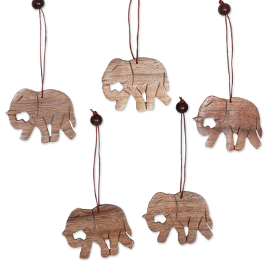 Wood ornaments, 'Elephant Holiday' (set of 5) - Wood ornaments (Set of 5)