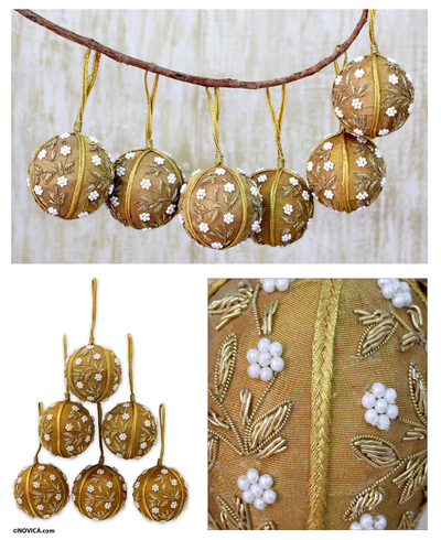 Beaded ornaments, 'Golden Garden' (set of 6) - Beaded ornaments (Set of 6)