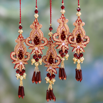 Beaded ornaments, 'Golden Paisley' (set of 5) - Beaded Christmas Ornaments from India (Set of 5)