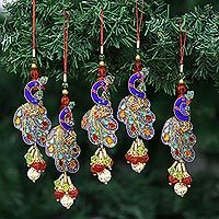 Beaded ornaments, 'Mughal Peacocks' (set of 5) - Handcrafted Hand Beaded Christmas Ornaments (Set of 5)