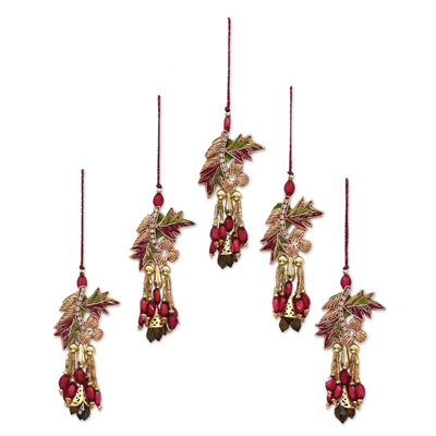 Hand Made Beaded Flower Christmas Ornaments (Set of 5)