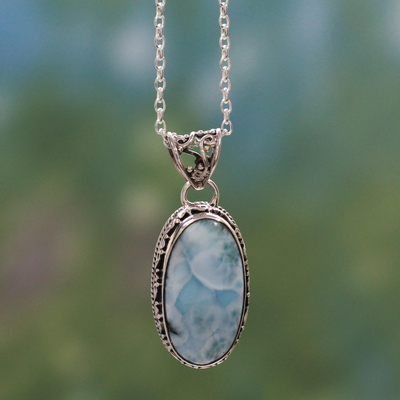 Larimar pendant necklace, 'Sky Delight' - Hand Crafted Sterling Silver and Larimar Necklace