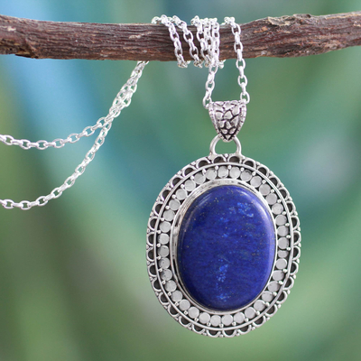 Lapis lazuli pendant necklace, 'Royal Indian Blue' - Lapis Lazuli Necklace Sterling Silver jewellery from India