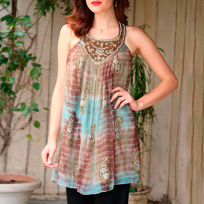 Beaded long halter top, 'Jaipur Jewels' - Long Shibori-Dyed Green and Brown Halter Top with Sequins