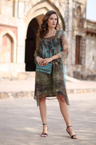 Beaded tunic dress, 'Glorious Jaipur' - Long Shibori-Dyed Green and Brown Tunic Top with Sequins