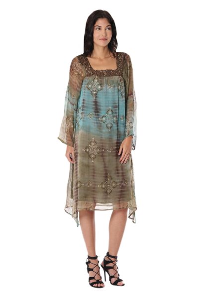Beaded long tunic, 'Glorious Jaipur' - Long Shibori-Dyed Green and Brown Tunic Top with Sequins