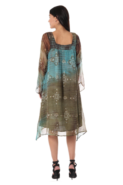 UNICEF Market | Long Shibori-Dyed Green and Brown Dress with Sequins ...