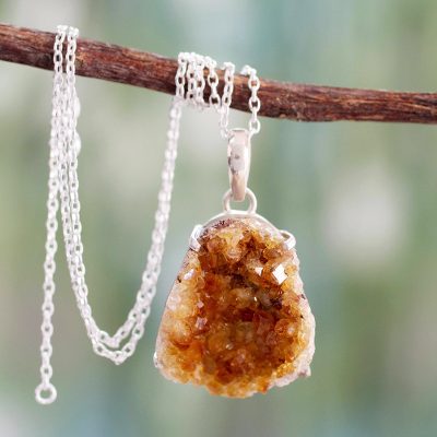 Citrine pendant necklace, 'Jaipur Jazz' - Uncut Citrine Artisan Crafted Necklace Sterling Silver