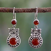 Carnelian dangle earrings, 'Fire Owl' - Handcrafted Indian Sterling Silver and Carnelian Earrings