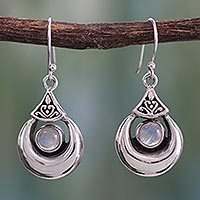Rainbow moonstone dangle earrings, 'Goddess Fortunes' - Sterling Silver Rainbow Moonstone Earrings from India