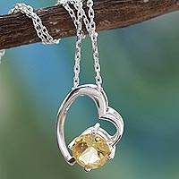 Citrine heart necklace, 'Promise of Love' - Indian Heart Jewellery Sterling Silver and Citrine Necklace