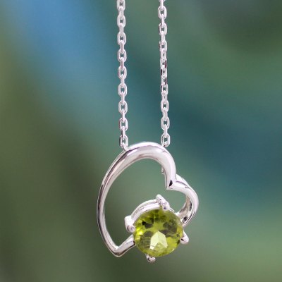 Peridot heart necklace, 'Promise of Love' - Handmade Peridot and Silver Heart Necklace