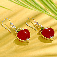 Heart dangle earrings, 'A Sigh of Romance' - Heart Jewelry Earrings with Red Onyx and Peridot 