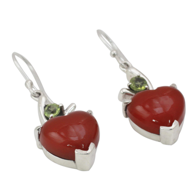 Heart dangle earrings, 'A Sigh of Romance' - Heart Jewellery Earrings with Red Onyx and Peridot 