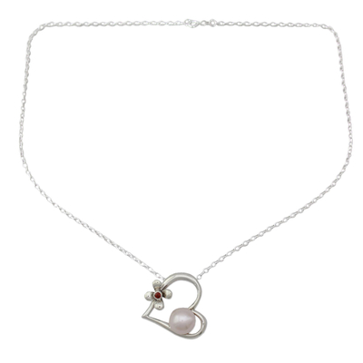Cultured pearl and garnet heart necklace, 'Heart of Romance' - Heart Shaped Sterling Silver and Pearl Necklace