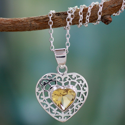Citrine heart necklace, 'Mughal Romance' - Citrine heart necklace