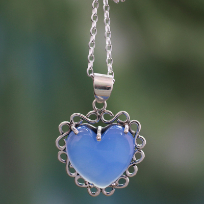 Collar de corazón de plata de primera ley - Collar de Plata de Ley y Calcedonia en Forma de Corazón