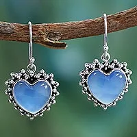 Pendientes corazón de plata de primera ley - Pendientes en Forma de Corazón de Plata de Ley y Calcedonia