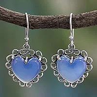 Sterling silver heart earrings, 'Harmony of Love' - Fair Trade Jewellery Sterling Silver with Chalcedony Hearts 