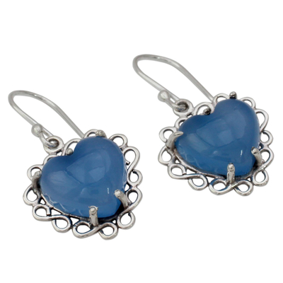 Sterling silver heart earrings, 'Harmony of Love' - Fair Trade Jewelry Sterling Silver with Chalcedony Hearts 