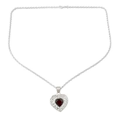 Garnet heart necklace, 'Mughal Romance' - Garnet and Silver Heart Pendant Necklace